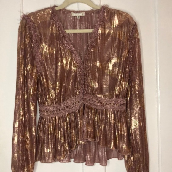 Moon River Pink Gold Metallic V Neck Long Statement Sleeve Button Front Blouse - Picture 1 of 13